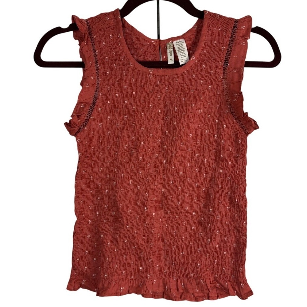 Japna‎ Smocked Ruffle Tank Top Rust Orange Polka Dot Sleeveless Med Cottagecore